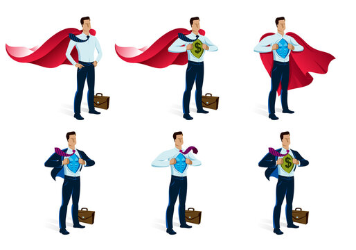 Businessman superhero vector illustrations set, young handsome business man standing brave and strong, leadership concept, success allegory, problems solving.