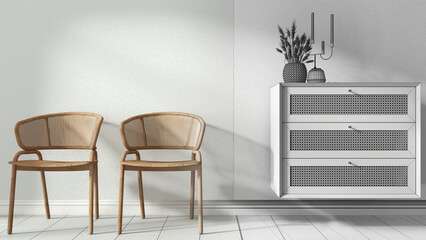 Architect interior designer concept: hand-drawn draft unfinished project that becomes real, living, sitting and waiting room with rattan armchairs and sideboard with decor