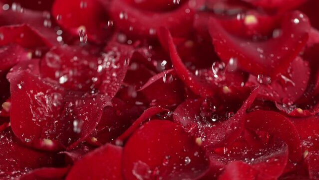 Super slow motion shot of water drops falling and splashing on red rose petals at 1000 fps.
