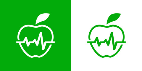Logo comida saludable. Vector con silueta de manzana con latido de corazón con líneas. Fondo verde y fondo blanco