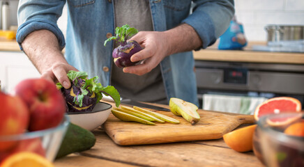 Man hands preparing vegetarian food at home kitchen. Cooking healthy and tasty breakfast or lunch