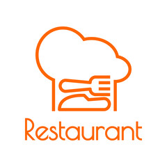 Banner con texto manuscrito Restaurant. Logo restaurante. Vector con cubiertos y sombrero de chef con líneas. Color anaranjado