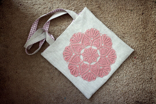 Handmade cotton and linen bag, crochet napkin decor on eco bag, concept reusable