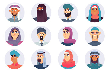 Fototapeta premium Muslim characters avatars isolated set. Different portraits of arabic men and women in traditional clothes, hijabs and covered with headscarves. Vector illustration with people in flat cartoon design