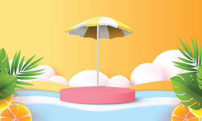 3d geometric podium mockup leaf tropical netural concept for showcase yellow background Abstract minimal scene product presentation summer season paper art