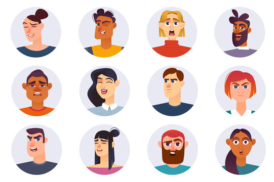 Characters with different emotions avatars isolated set. Portraits of men and women with smile, happy, surprised, sad, angry, afraid expressions. Vector illustration with people in flat cartoon design