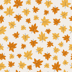 Elegant seasonal seamless pattern with autumn foliage of maple leaves on a light background. Colorful botanical decorative vector illustration in flat style for wrapping paper wallpaper textile print.