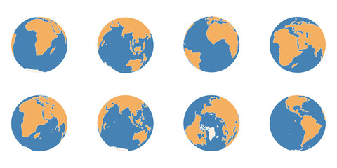 Planet Earth simplified hand drawn color icons. Globe different views on North Pole, Africa, America, Australia Europe, Asia continents, circle world map vector illustration