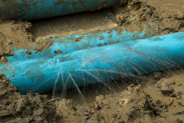 high pressure water pipe 100 mm PVC type is broken and corrosion by  impact - 512544149