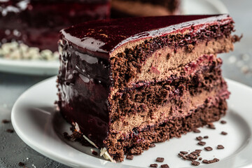Delicious chocolate Prague cake, delicious chocolate cake. Food recipe background. Close up....