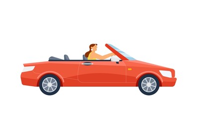 Girl driving red cabriolet. Road trip summer concept. Flat vector illustration isolated on white background