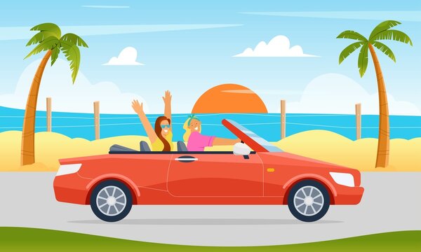 Two girls, friends driving red cabriolet along the beach with palm trees and beach. Road trip summer concept. Flat vector illustration with background