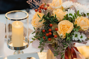 wedding bouquet and champagne