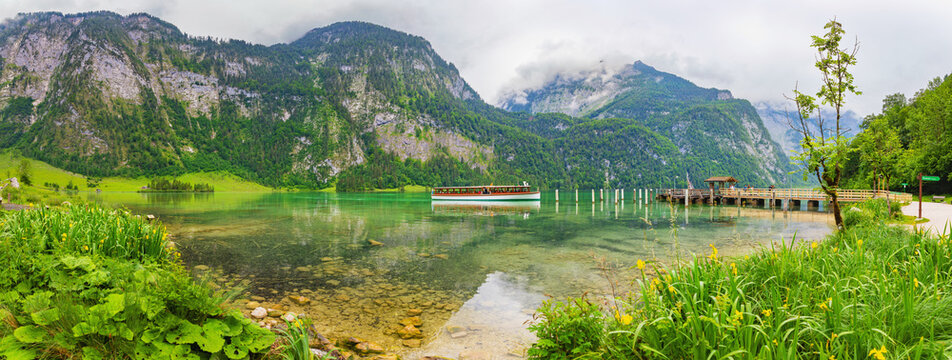 Large panorama of Koenigssee by boat, Bavaria