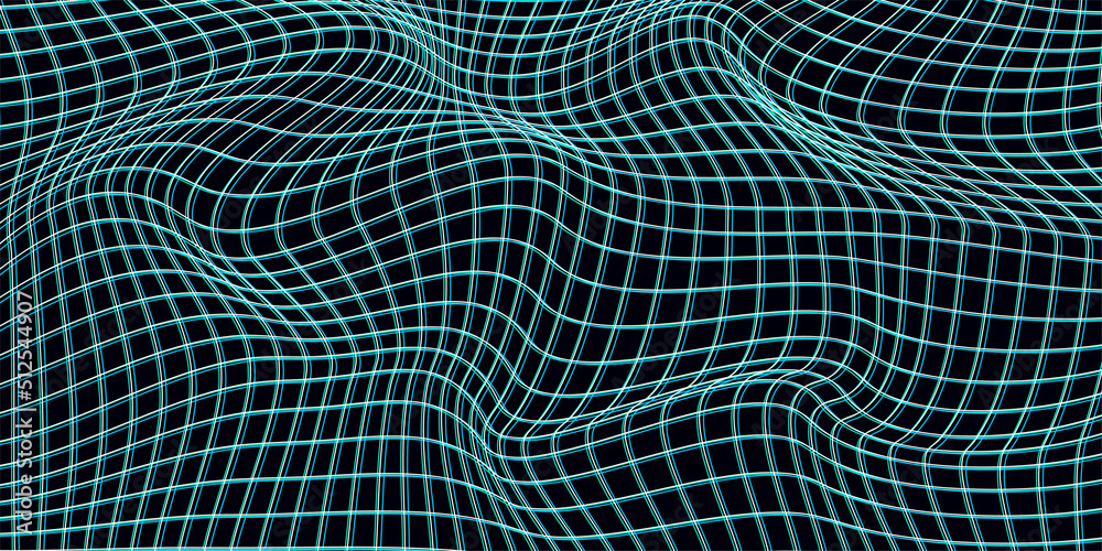 Poster abstract distorted wireframe wave. vector curve surface background. technology grid pattern. blue me