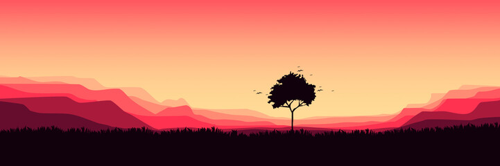 Fototapeta na wymiar summer sunset tree silhouette in landscape with vector flat design illustration good for wallpaper, background, backdrop, banner, print, and design template