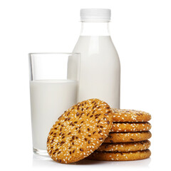 Tasty oatmeal cookies and milk, isolated on white background
