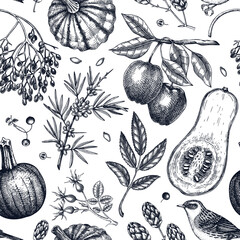 Autumn seamless pattern in sketched style. Botanical drawings of autumn leaves, pumpkins, berries, bird. Vintage fall plants hand drawn background. Thanksgiving day sketches background