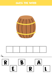 Spelling game for kids. Hand drawn wooden barrel.