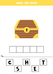 Spelling game for kids. Wooden chest of gold.
