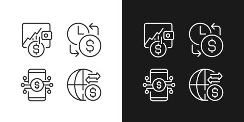 Daily cash flow pixel perfect linear icons set for dark, light mode. Hourly earnings. Stock trading. Money transfer. Thin line symbols for night, day theme. Isolated illustrations. Editable stroke