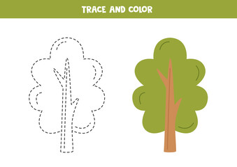 Trace and color cartoon tree. Worksheet for children.