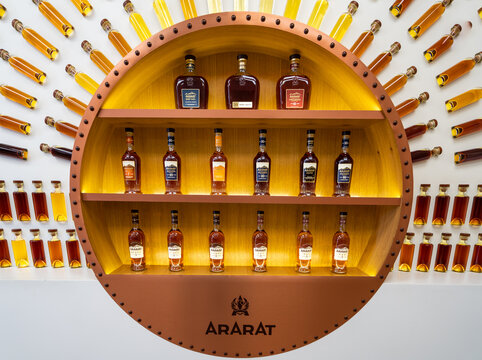 Yerevan, Armenia – May 17, 2022: Ararat alcoholic drinks  stand. Ararat is a brand of Armenian brandy produced by Yerevan Brandy Company since 1887