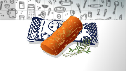 Handmade sweets on a white table with herbs next to them, line drawing on a tiled wall with lines in the background, vector illustration