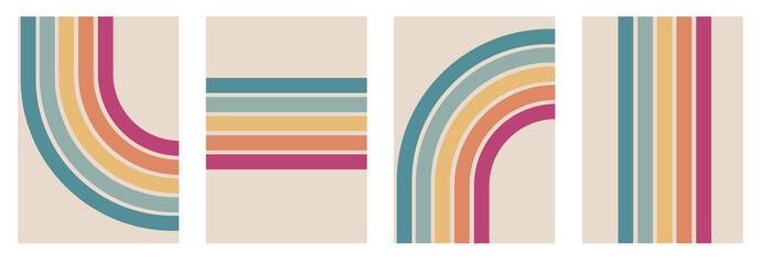 Abstract rainbow colours retro groovy lines bold 4 backgrounds bundle set collection. pink orange yellow blue stripes.