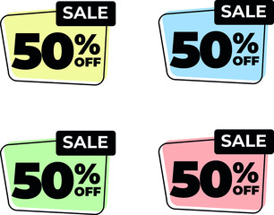 50% fifty off tag percent discount sale black letter yellow blue green pink background