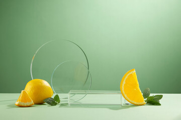 A front view of lemon decorated with transparent podium in green background 