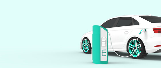 Electric car Energy saving. EV charging station for eco power station and sustainable concept on blue background. friendly, electric charge, battery charging- 3d rendering