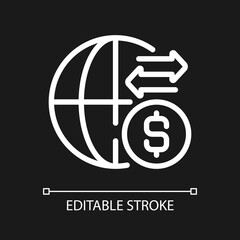 International money transfer pixel perfect white linear icon for dark theme. Get paid from another country. Thin line illustration. Isolated symbol for night mode. Editable stroke. Arial font used