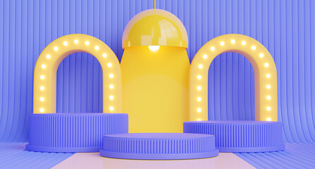 3d render of purple podium with light bulb for product display.