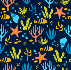 Fototapeta na wymiar Print. Vector marine background. Can be printed on fabric. Cartoon fish. underwater world.