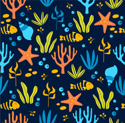 Naklejka premium Print. Marine background. Can be printed on fabric. Cartoon fish. underwater world.