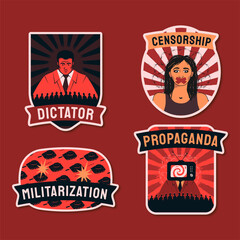 Fototapeta premium Red and black stickers, symbols of dictatorship, censorship, propaganda and militarization of society.