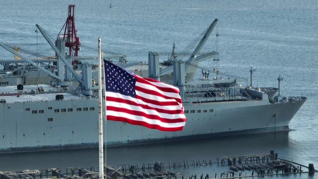 USA navy ship. Military battleship. Cargo and freight logistics theme in America.