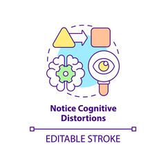 Notice cognitive distortions concept icon. Find thoughts patterns. Adaptability tip abstract idea thin line illustration. Isolated outline drawing. Editable stroke. Arial, Myriad Pro-Bold fonts used