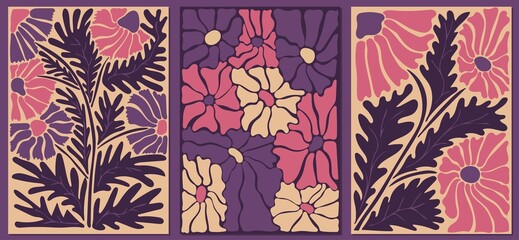 Set of abstract floral retro posters. Trendy hand drawn flowers infantile style. Seventies, groovy background. Decorative contemporary botanical elements. Vector naive art print