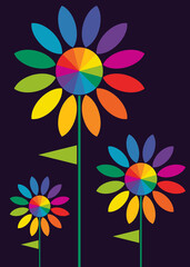 Fototapeta na wymiar Poster with three flower color wheels. Creative placard design in abstract style.