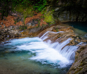 Beautiful Jungle waterfall in a tropical forest with rock and old tree blue freshwater river. Summer season new leaves. Natural landscape background. Unique photos  Its name is Nishizawa Japan