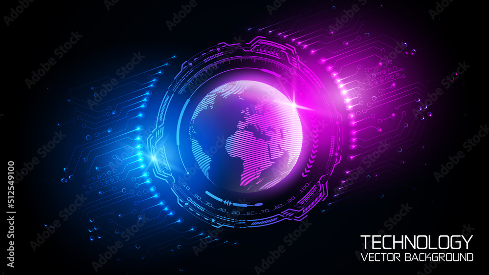 Wall mural 
Hologram of the planet Earth. Dark blue technology vector background. Global map. Science and modern innovative technologies. Futuristic software radar. High tech illustration. Energy load scale.