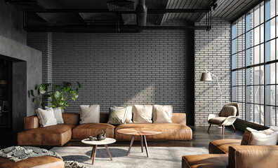 Living room interior in loft, industrial style, 3d render