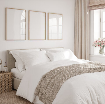Mockup frame in bedroom interior background, room in light pastel colors, 3d render