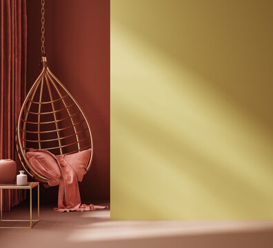 Simple interior background, room in rich colors with minimal decor, 3d render