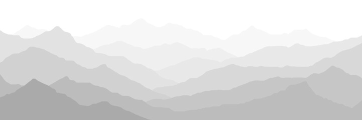 Black and white mountain landscape, ridges in the fog, panoramic view
