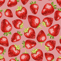 A pattern of juicy strawberries on a pink background