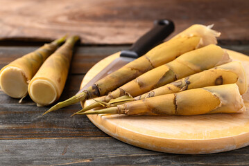 Bamboo shoot on wooden board prepare for cooking, Asian food ingredients