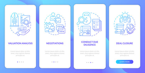 Stages of merger blue gradient onboarding mobile app screen. Business walkthrough 4 steps graphic instructions with linear concepts. UI, UX, GUI template. Myriad Pro-Bold, Regular fonts used